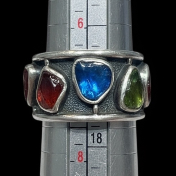 Modernist H. Fred Skaggs MCM Sterling Silver Signed Ring Multi Tourmaline Size 7 - Picture 7 of 15
